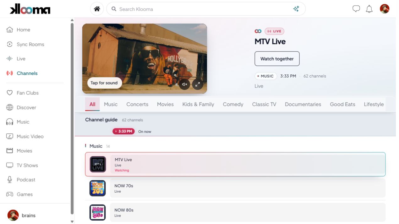 Current Klooma Live Channels screen