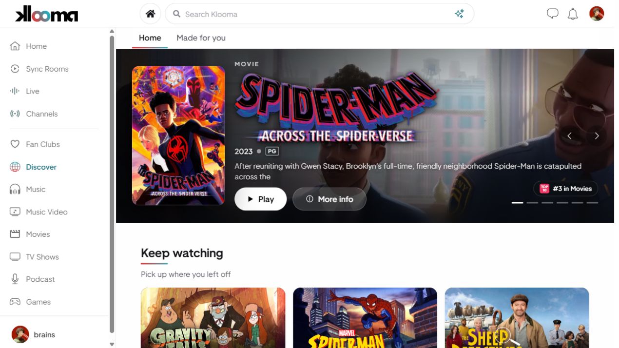 Current Klooma Discover screen showing entertainment and music recommendations