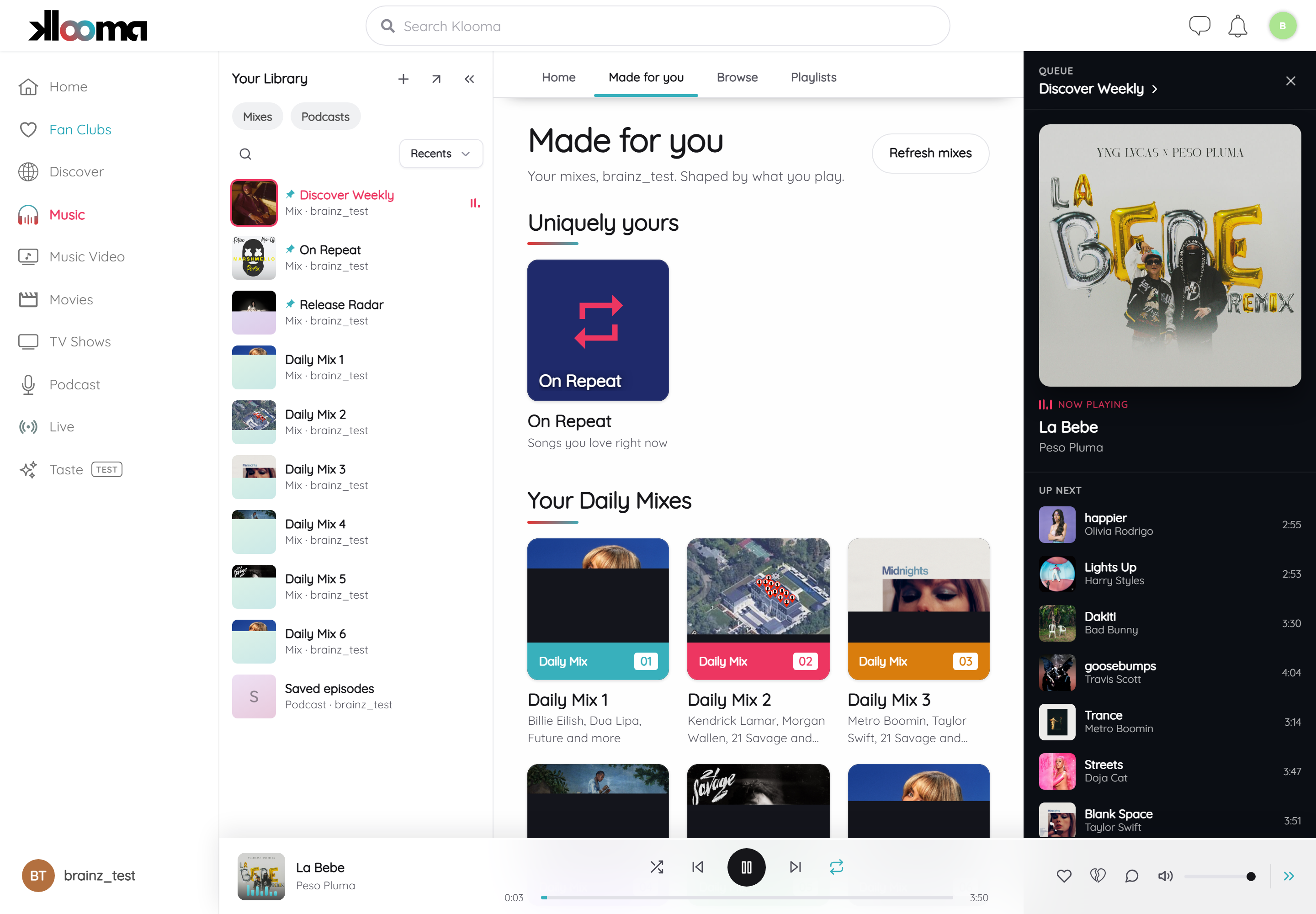 Klooma music player with queue and playback controls