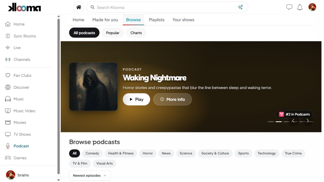 Current Klooma podcast browse screen