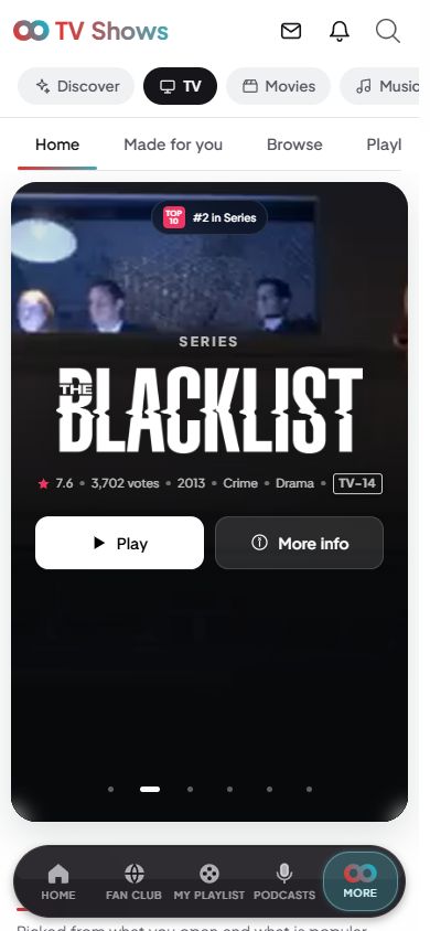 Klooma TV Shows mobile screen showing The Blacklist